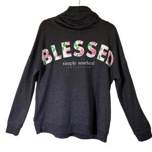 SIMPLY SOUTHERN Collection Women M Gray BLESSED floral spellout slouchy neck